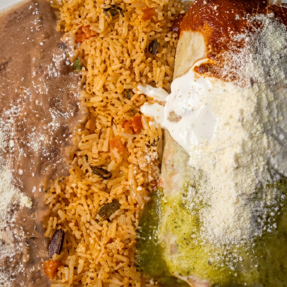 Mexican-style enchilada topped with white cheese and sauces, served with seasoned rice and refried beans on a glass plate.