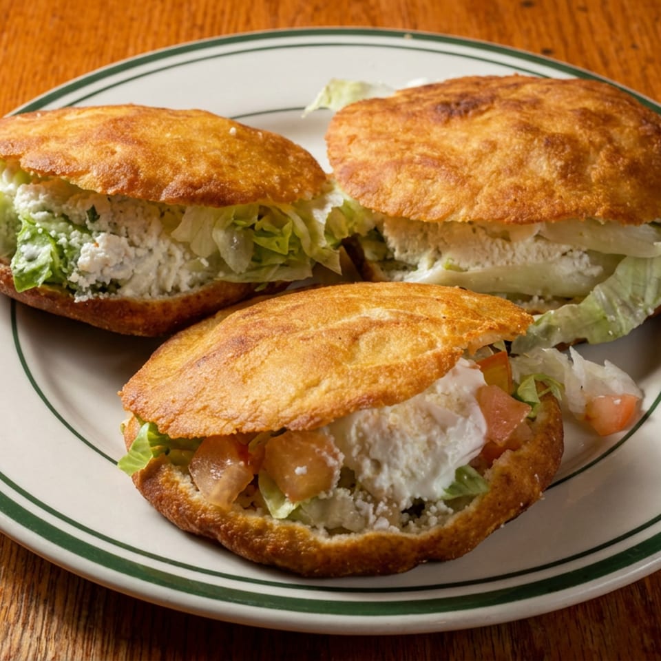 Three golden stuffed sandwiches with lettuce, creamy filling, diced tomatoes, and cheese on a green-rimmed plate.